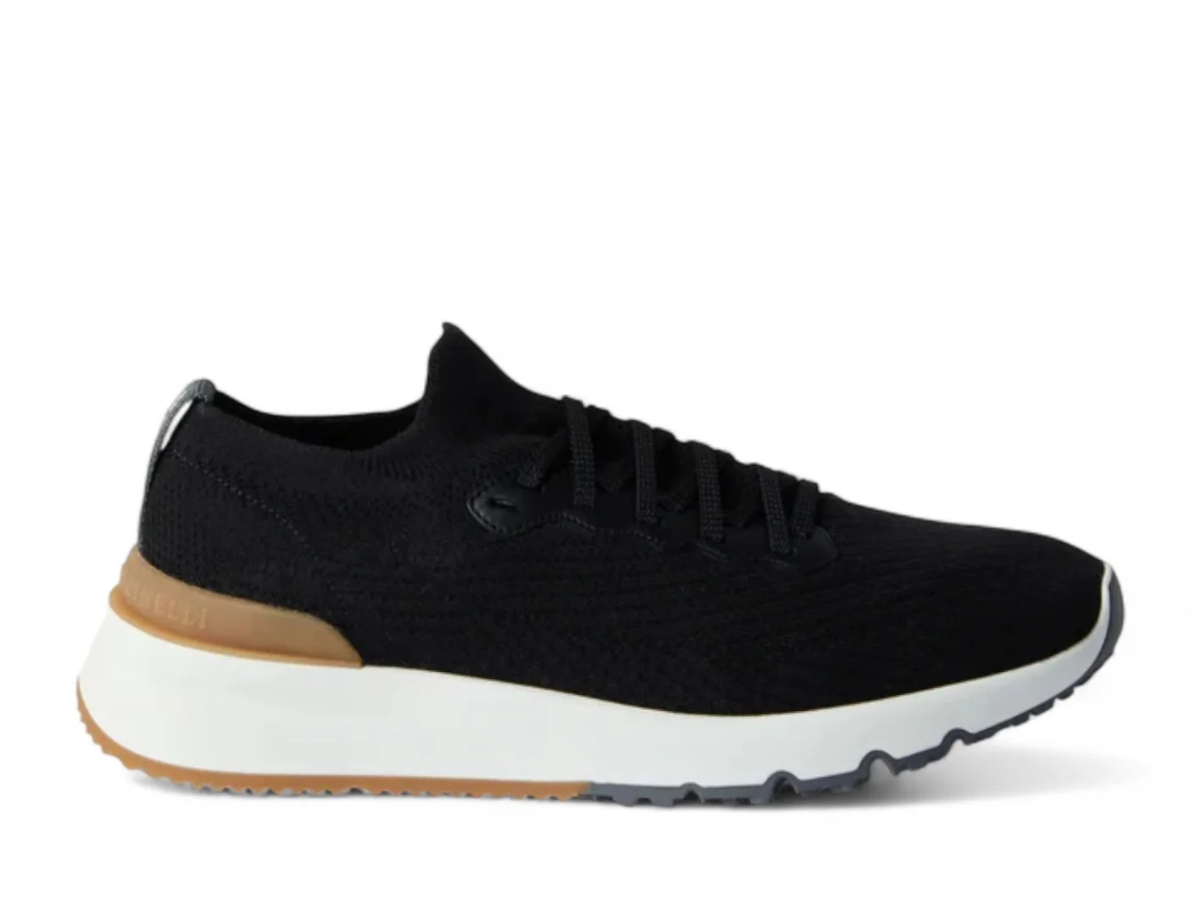 Brunello Cucinelli Cotton Knit and Calfskin Black Sneakers