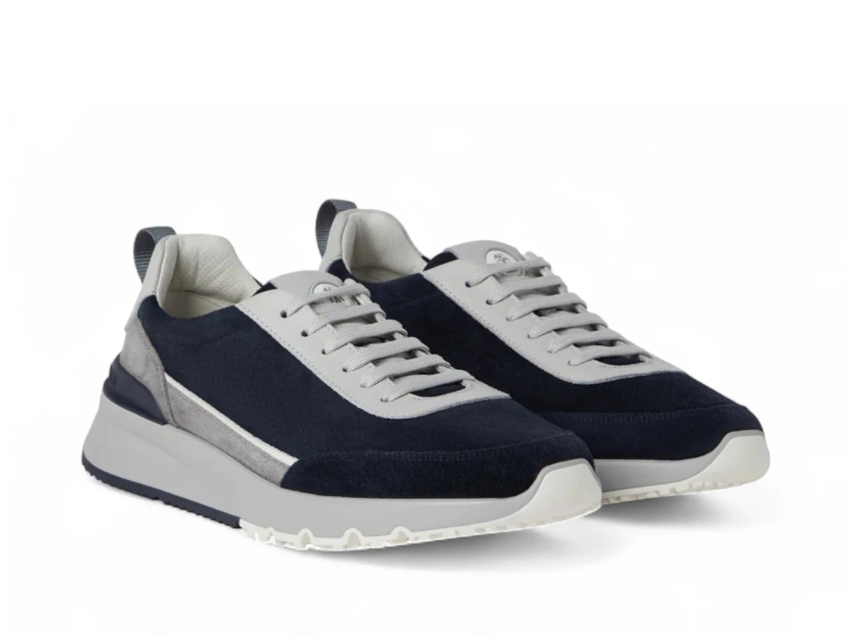 Brunello Cucinelli Washed Suede and Grained Calfskin Dark Blue Runners