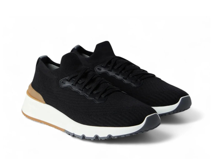 Brunello Cucinelli Cotton Knit and Calfskin Black Sneakers