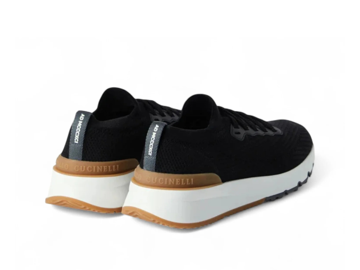 Brunello Cucinelli Cotton Knit and Calfskin Black Sneakers