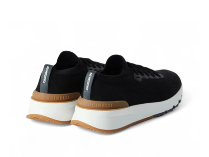 Brunello Cucinelli Cotton Knit and Calfskin Black Sneakers