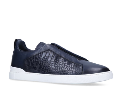 Zegna Crocodile Leather Triple Stitch in Blue