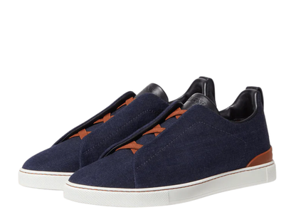 Zegna Cotton Denim Triple Stitch Sneakers in Navy Blue