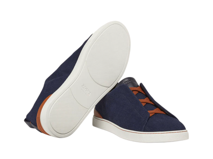 Zegna Cotton Denim Triple Stitch Sneakers in Navy Blue